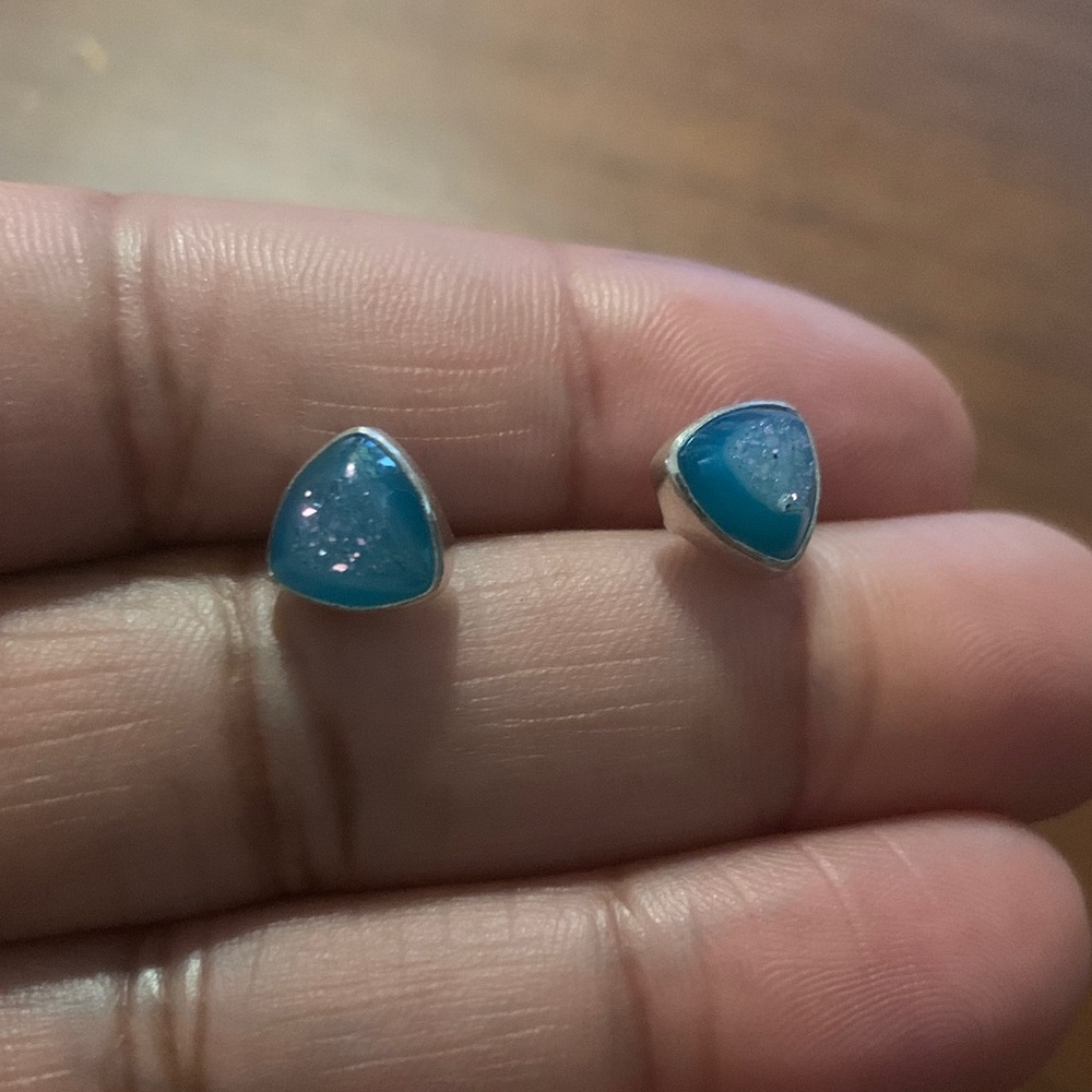 Vintage Sterling Silver Blue Druzy Triangle Stud Earrings